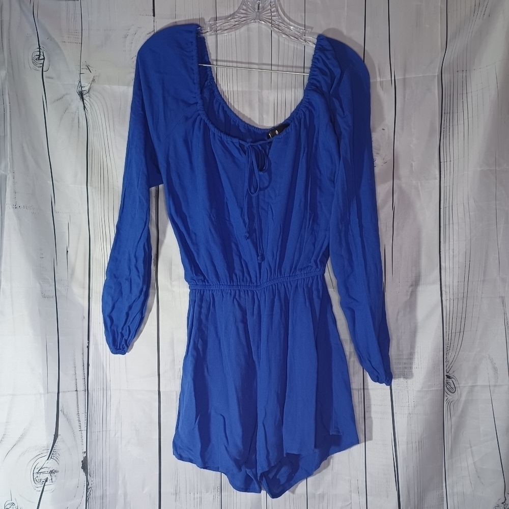 Lulus Royal Blue Long Sleeve off the Shoulder Smocked Waist Romper